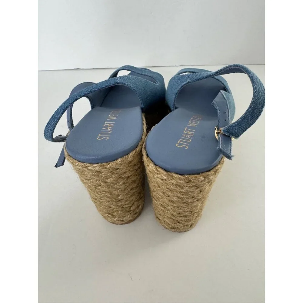 Stuart Weitzman Island Espadrille Wedge Sandal Peep Toe Jute & Denim Size 11